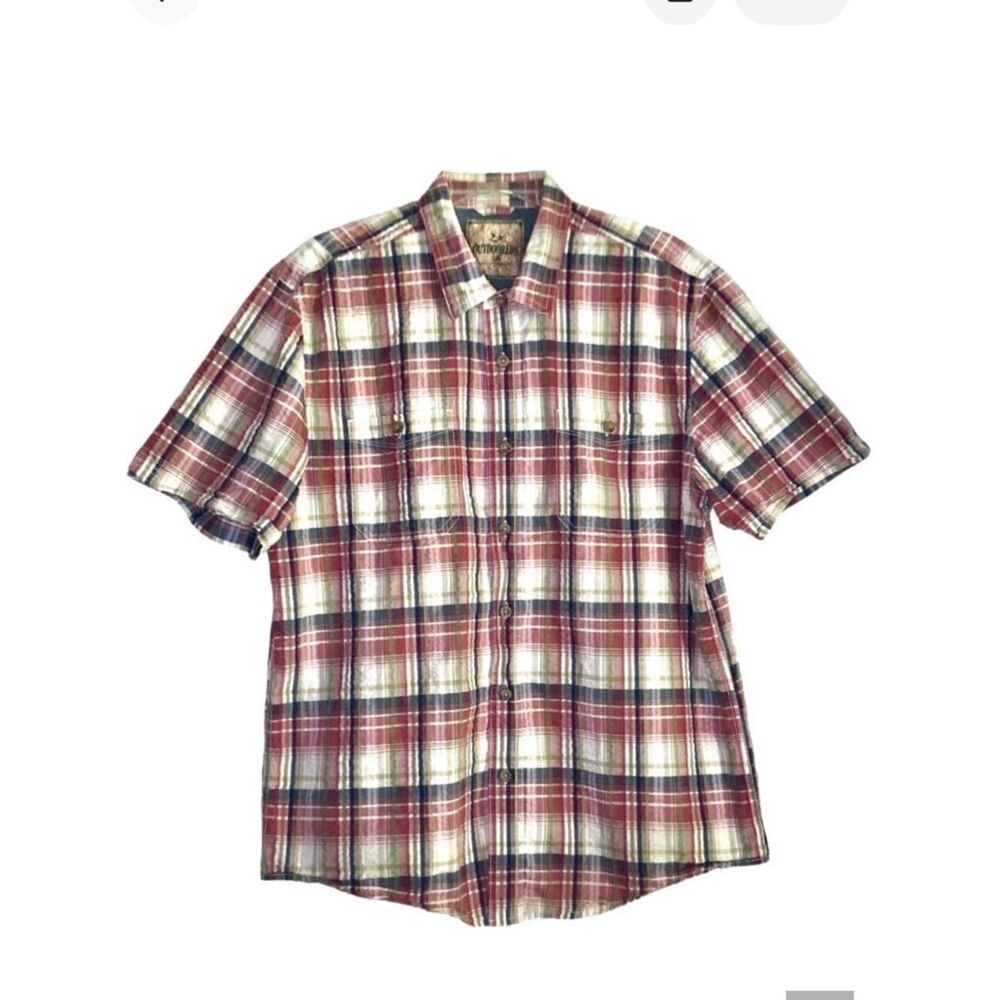 Outdoor Life Seersucker Plaid Short Sleeve Button Down in White/Red/Navy Men’s L
